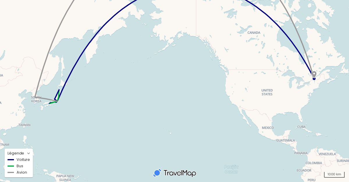TravelMap itinerary: driving, bus, plane in Canada, Japan, South Korea (Asia, North America)